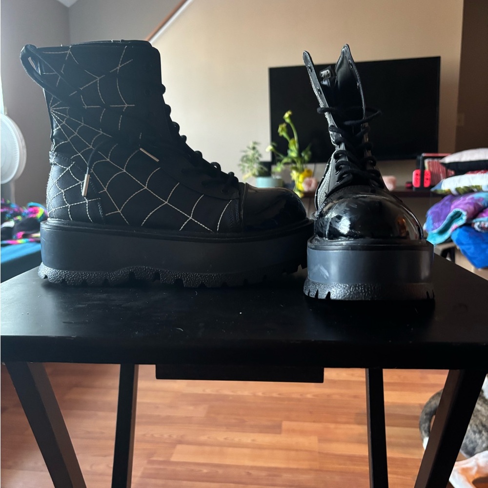 Black Platform Boots with Spider Web Design
